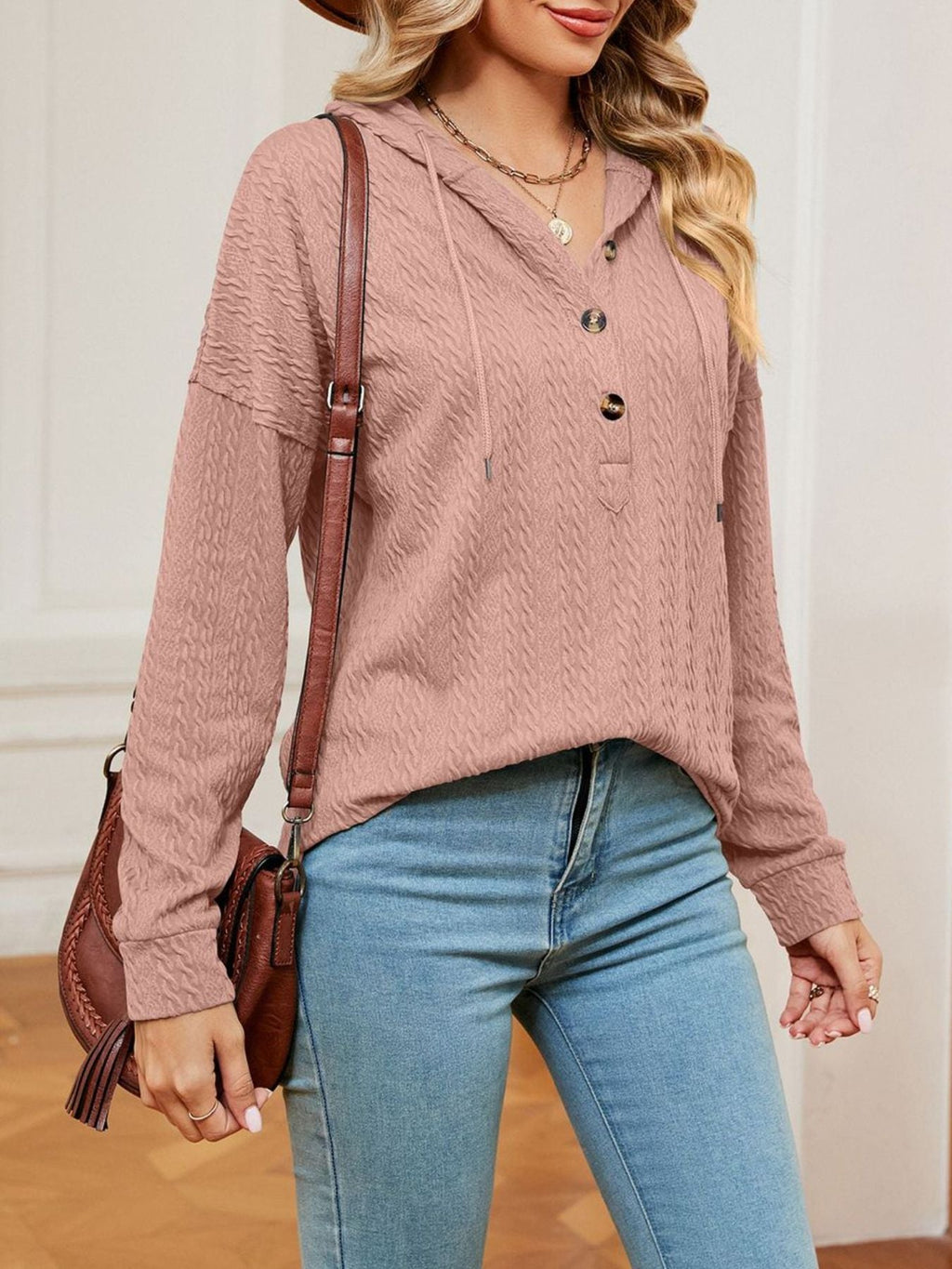 Textured Knit Button Detail Hoodie