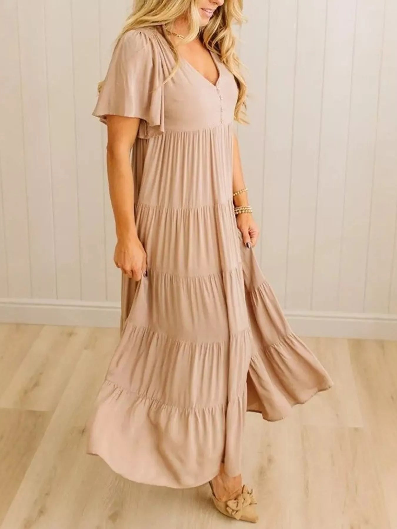 V-Neck Tiered Midi Dress