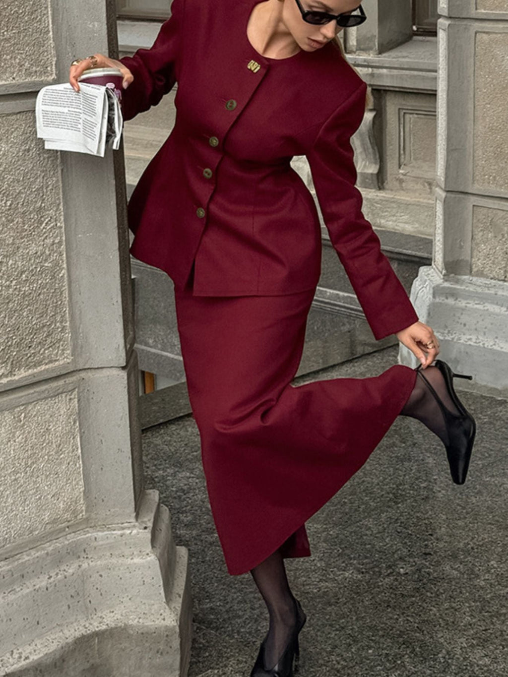 Button Up Peplum Blazer & Skirt Set