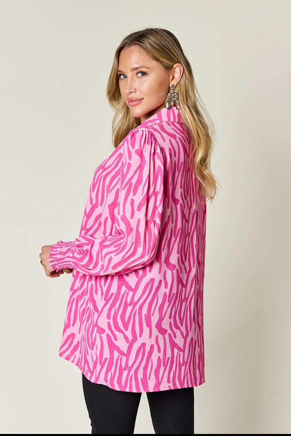Double Take Full Size Printed Smocked Long Sleeve Blouse Plus Size