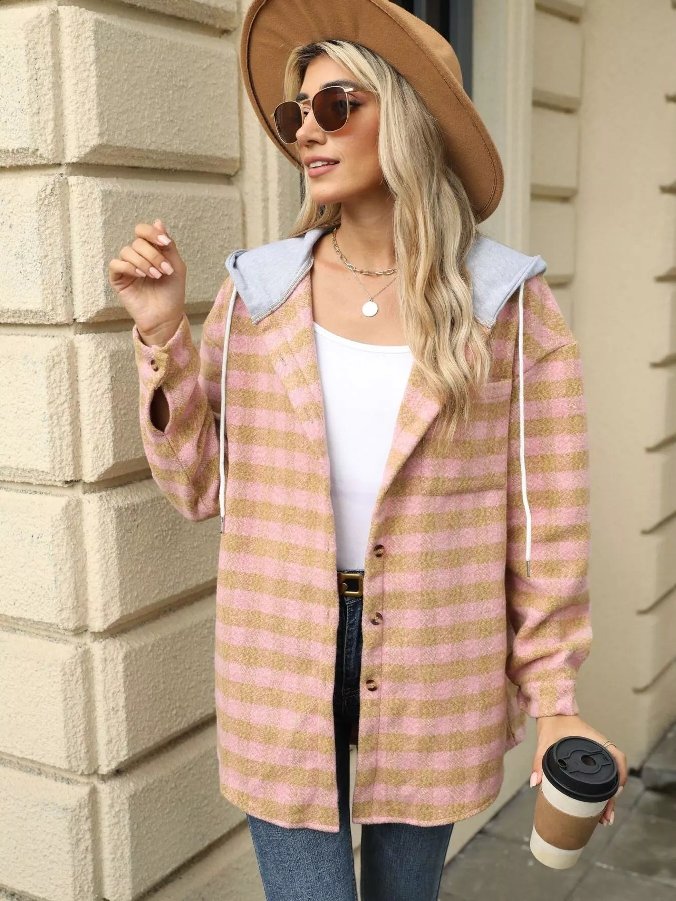 Plaid Button Up Long Sleeve Drawstring Hooded Jacket