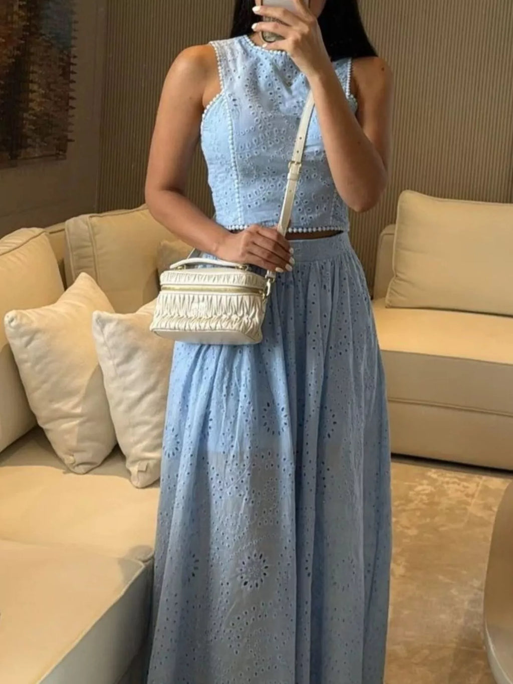 Eyelet Crop Top and Maxi Skirt Set