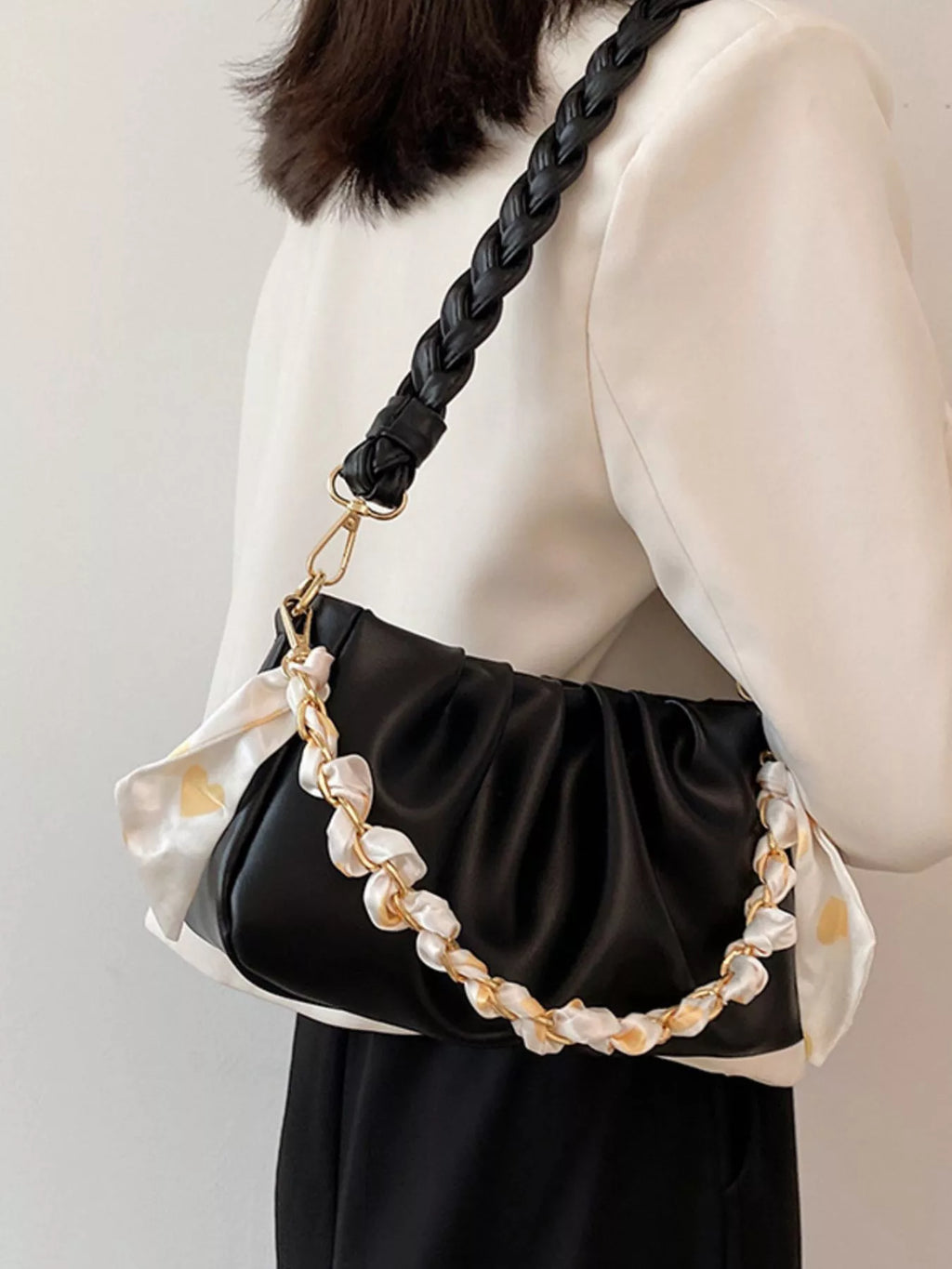 Ruched Braided Handle Shoulder Bag