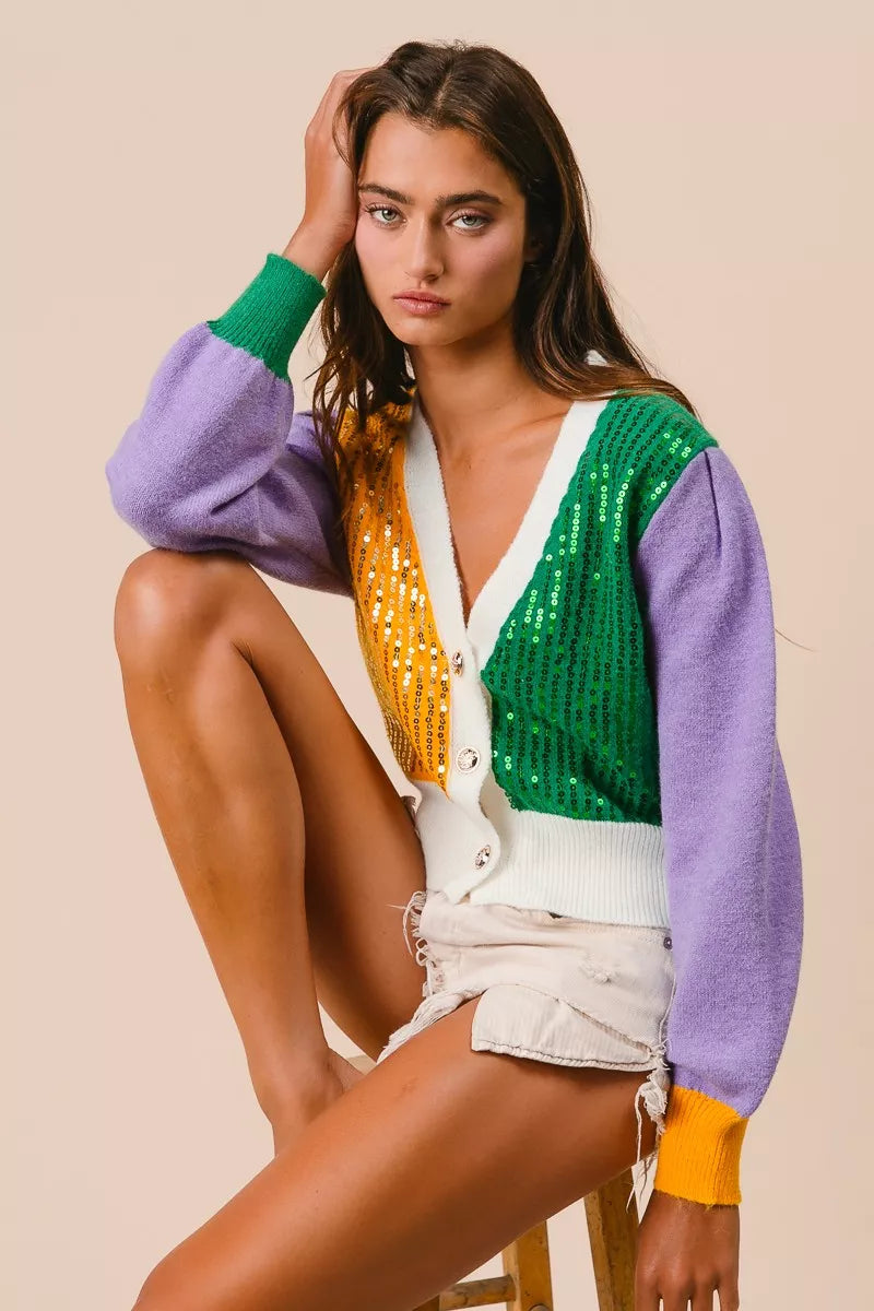 BiBi Mardi Gras Color Block Sequin Sweater Cardigan