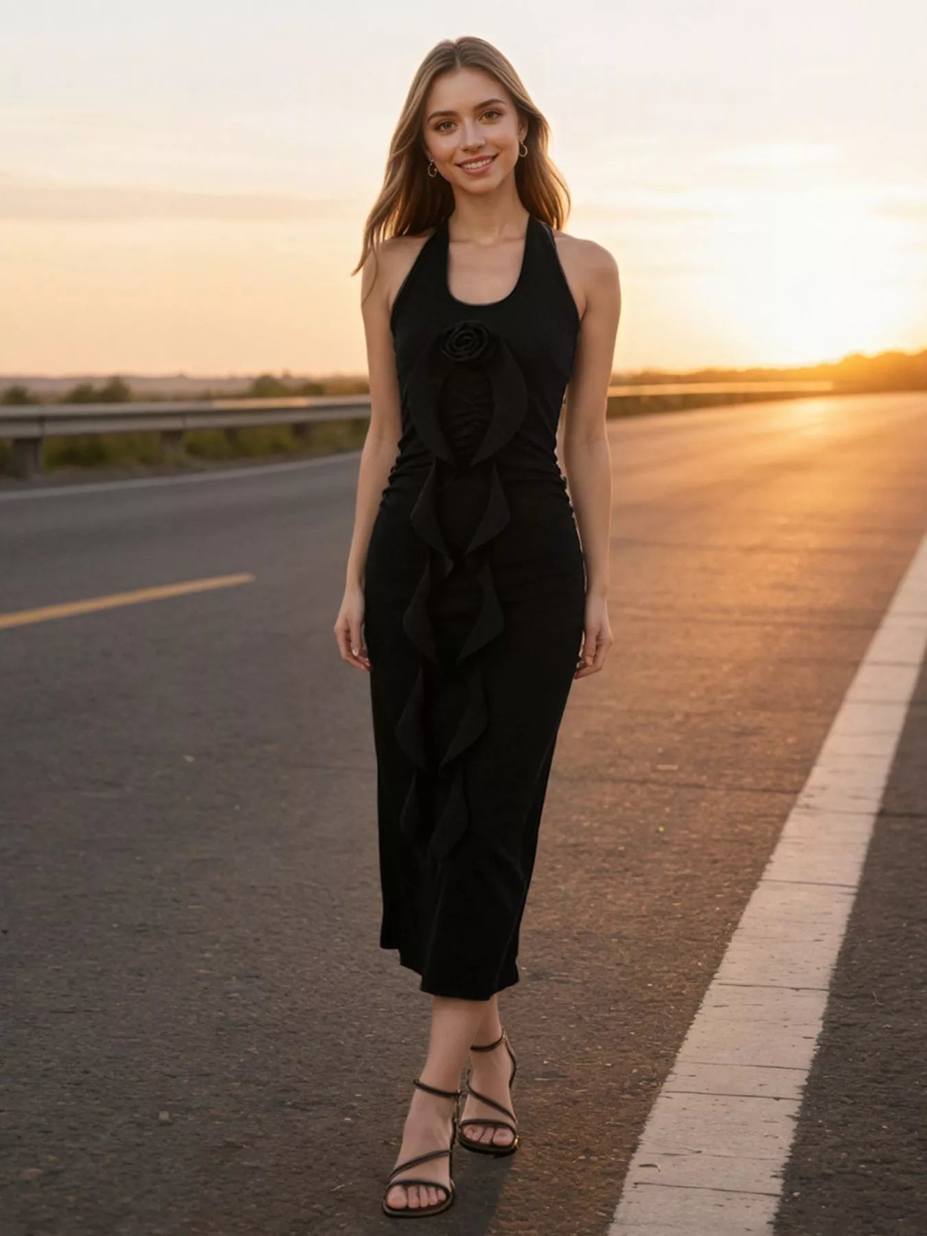 Halter Neck Ruffle Midi Dress