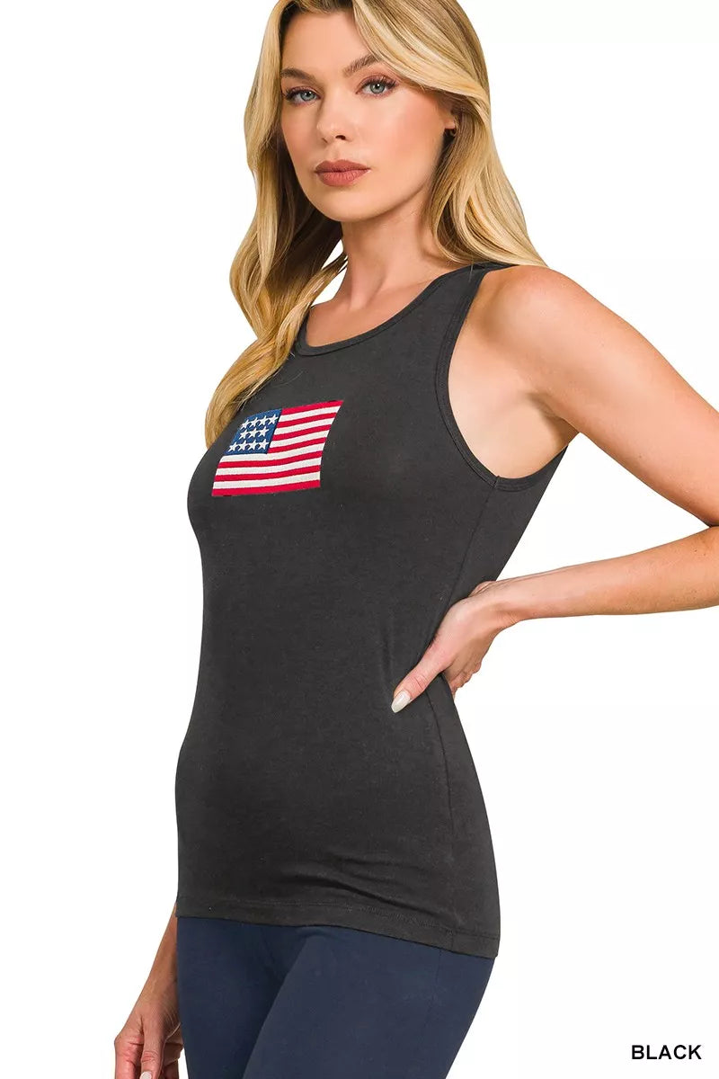 Zenana Double Scoop American Flag Embroidered Tank Top