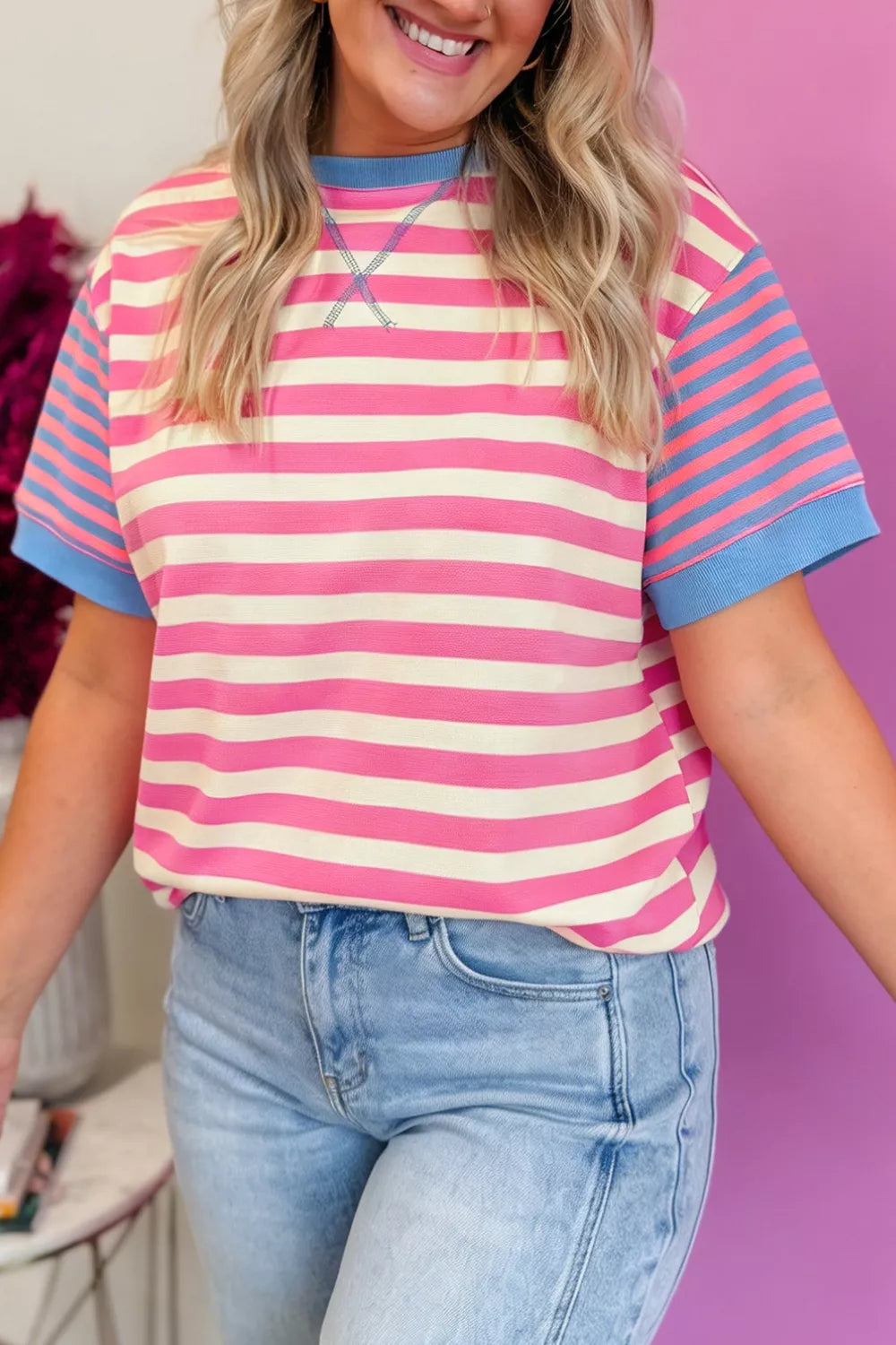 Stripe Contrast Patchwork Short Sleeve Loose Tee