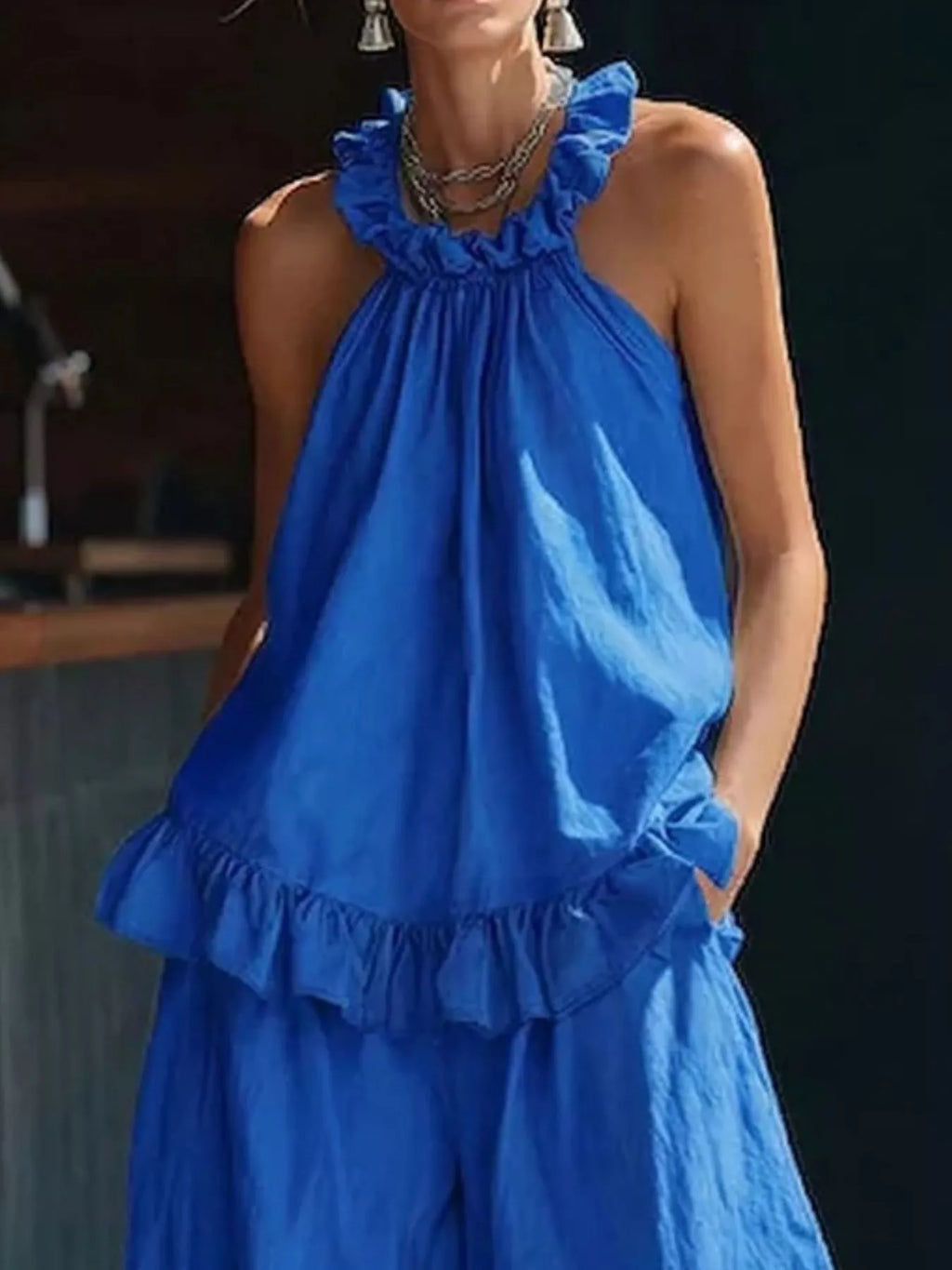 Full Size Ruffled Halter Neck Top and Wide-Leg Pants Set Plus Size