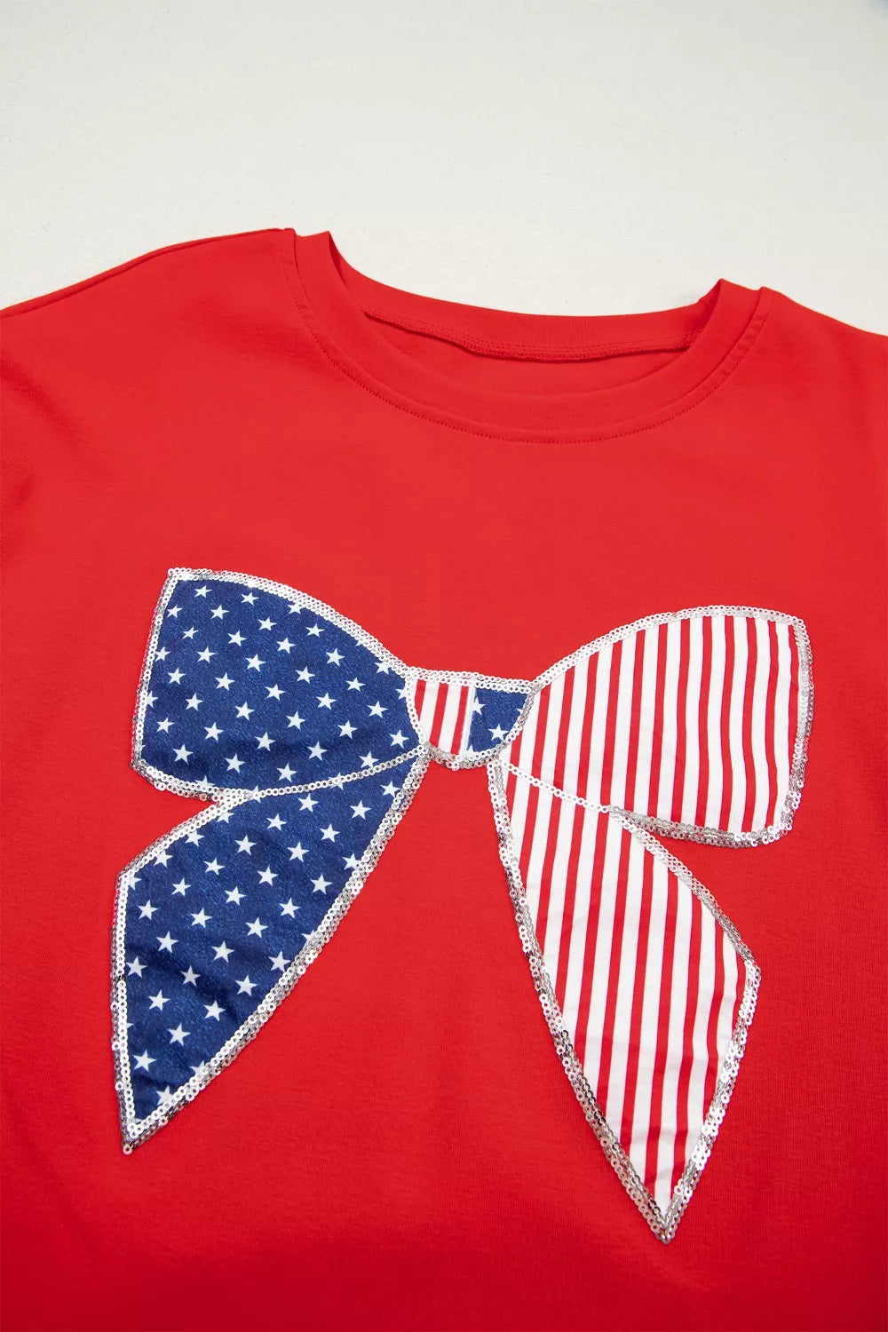 Sequin Trim Stars and Stripes Bow Patched T Shirt Mini Dress