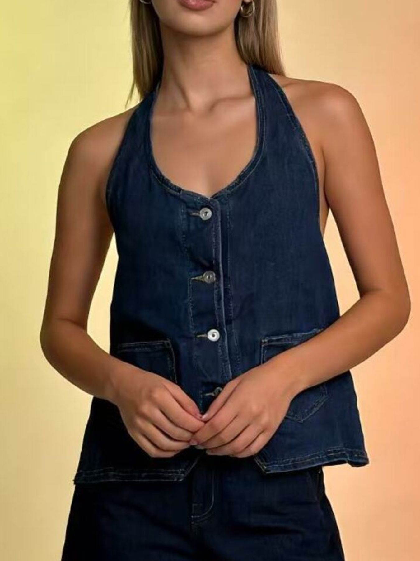 Halter Neck Button-Down Denim Vest