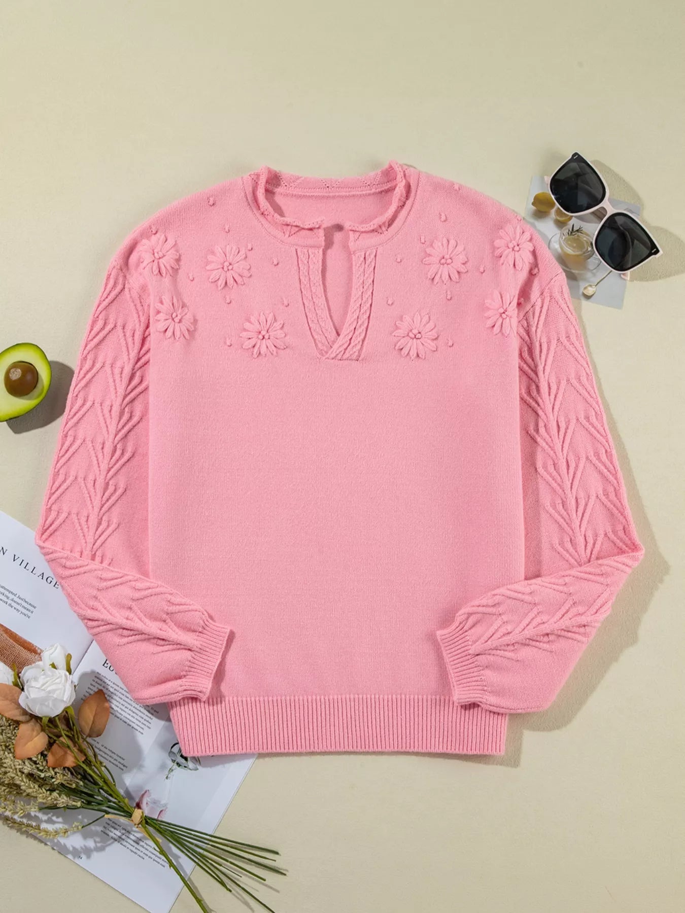 Textured Notched Long Sleeve Sweater