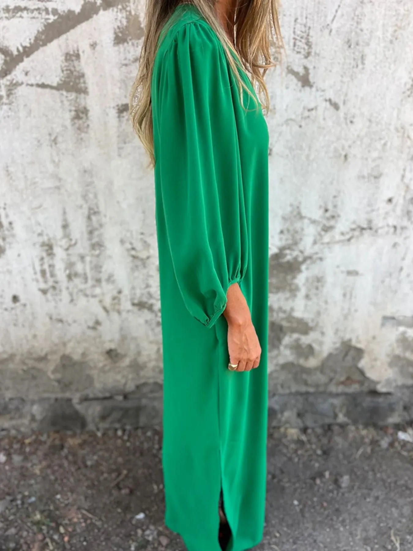 Full Size Slit V-Neck Balloon Sleeve Midi Dress Plus Size