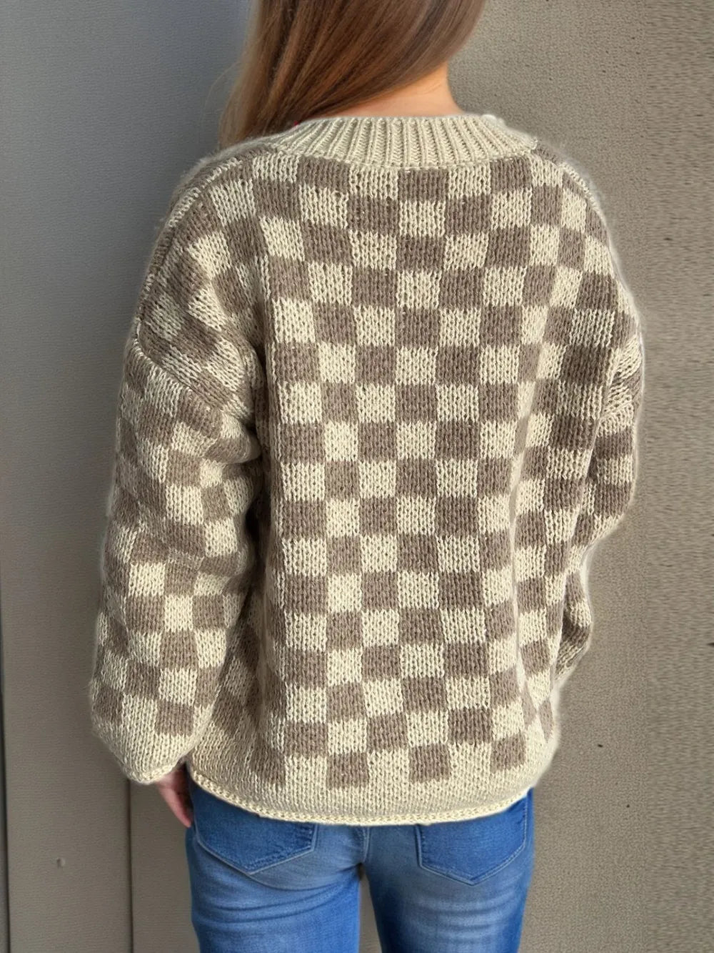Checkered Button Up Round Neck Cardigan