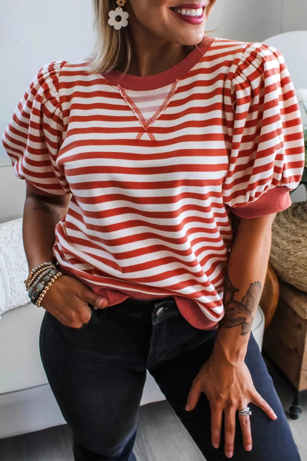 Striped Puff Sleeve Casual T-Shirt