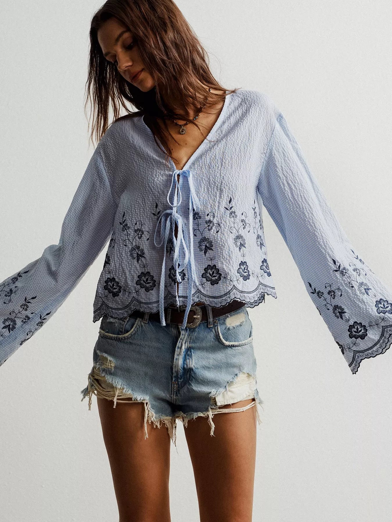 Floral Embroidered Tie-Front Blouse
