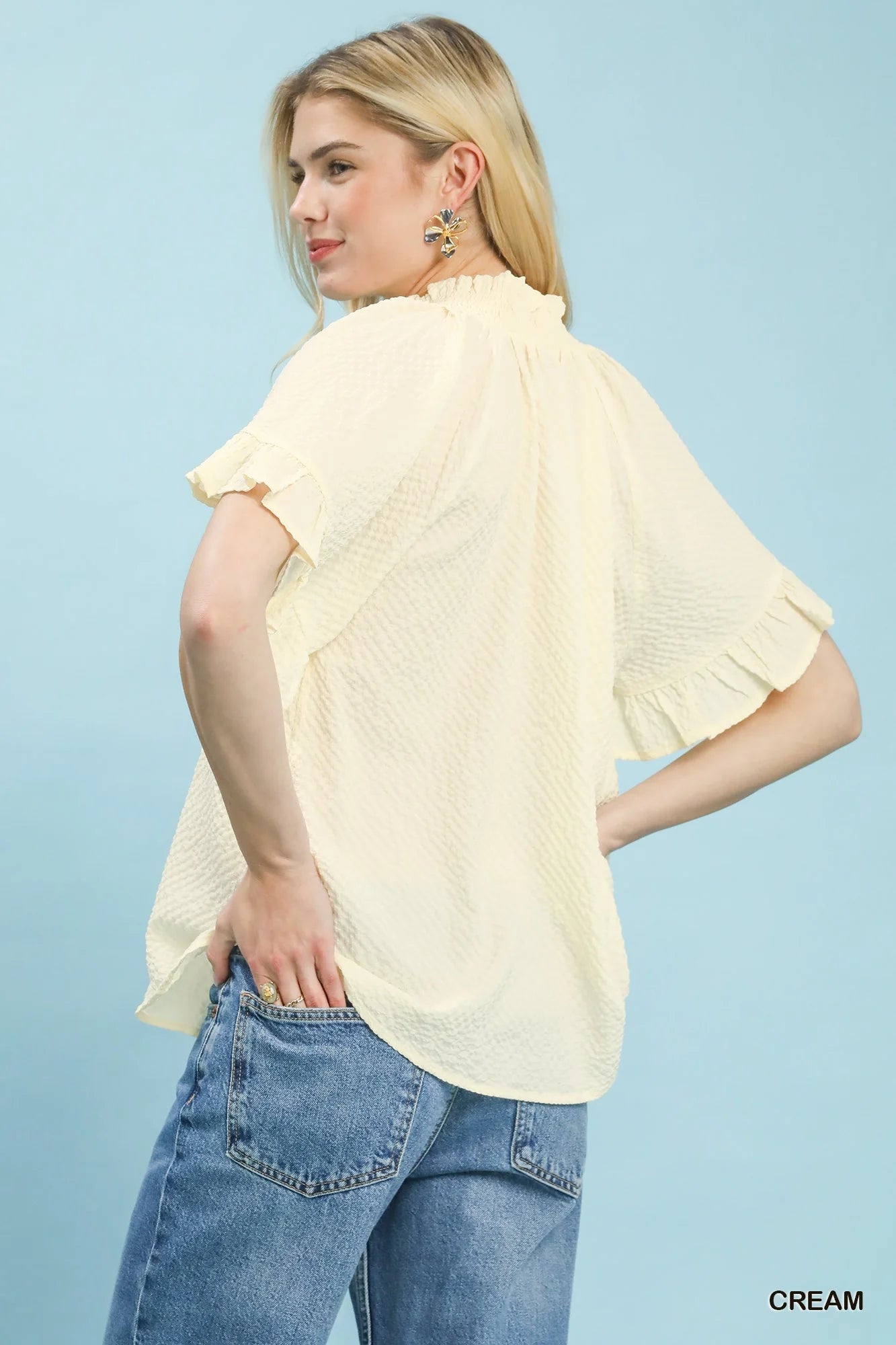 Umgee Textured Ruffle Sleeve Blouse