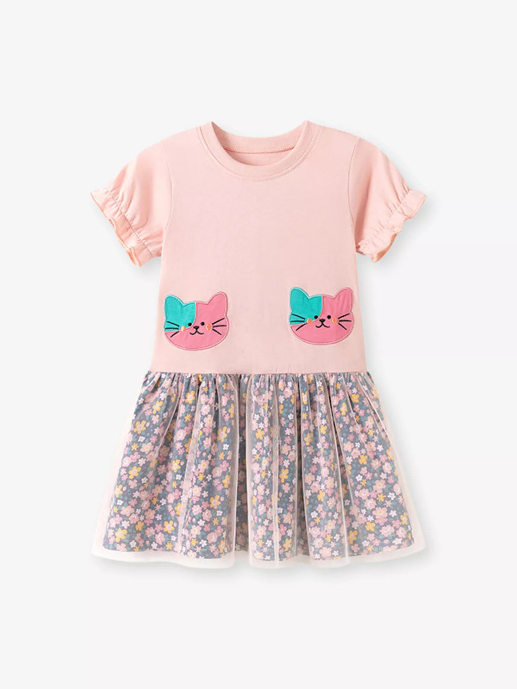 Children's Cat Embroidered Floral Tulle Dress