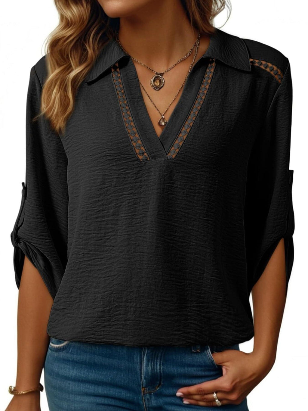 Johnny Collar Roll-Up Sleeve Blouse