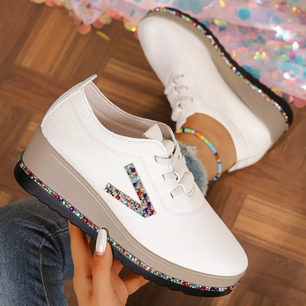 Rhinestone Round Toe Wedge Sneakers