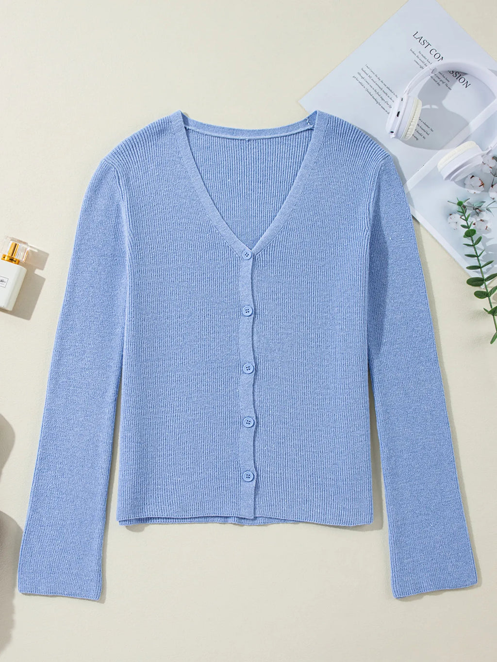 Ribbed Knit Button Front V Neck Cardigan