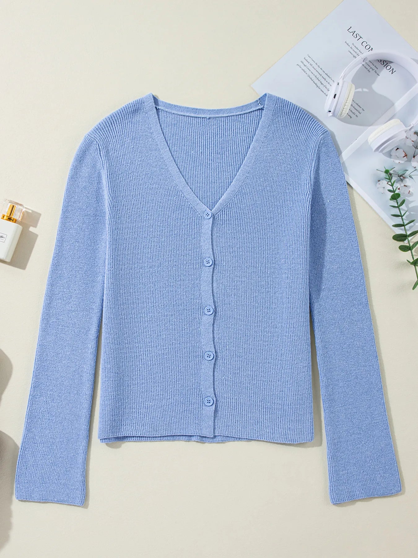 Ribbed Knit Button Front V Neck Cardigan