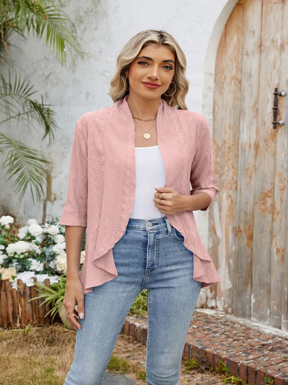 Eyelet Open Front Three-Quarter Sleeve Top