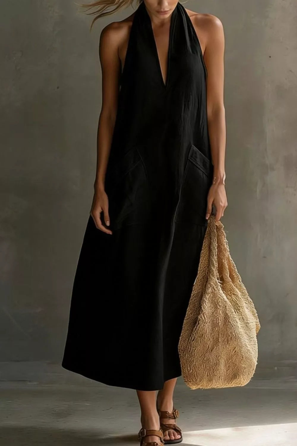 Casual Halter Neck Pocket Midi Dress