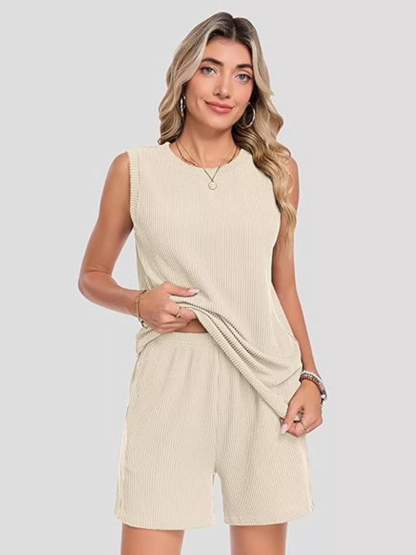 Casual Ribbed Knit Sleeveless Top and Shorts Set
