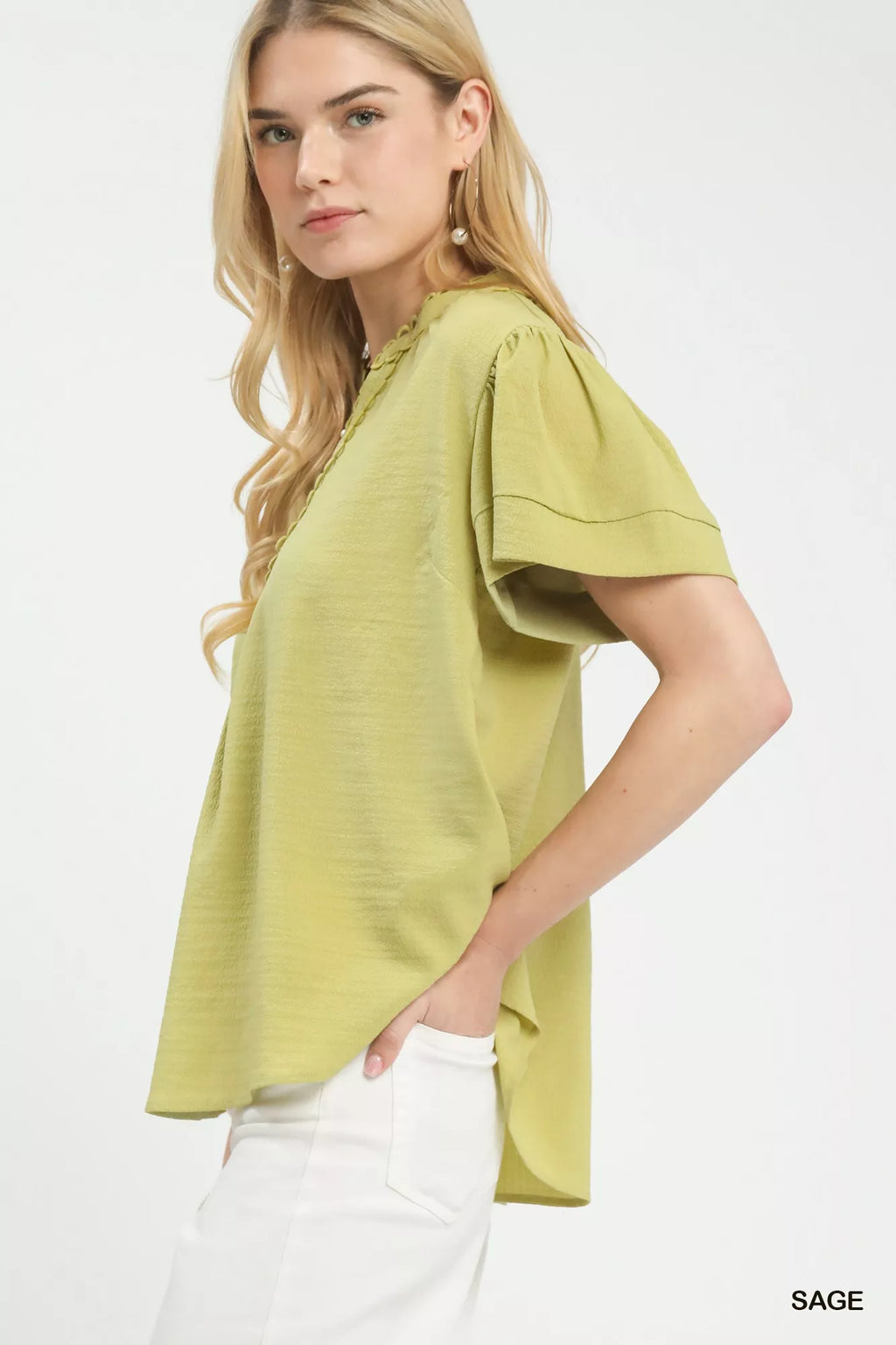 Umgee Seersucker Short Sleeve Top with Lace Trim