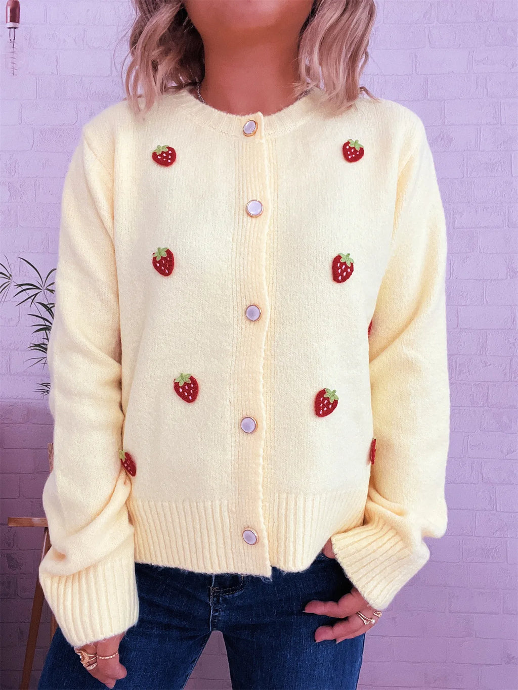 Strawberry Button Up Long Sleeve Cardigan