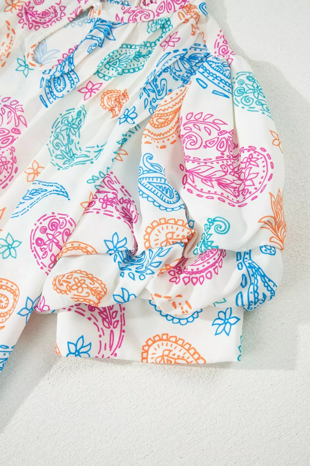 Multicolour Vibrant Paisley Printed Button Keyhole Puff Sleeve Blouse