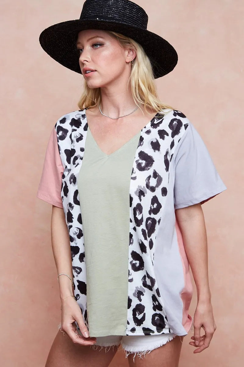 BiBi Cotton Span Knit With Leopard Color Block Top