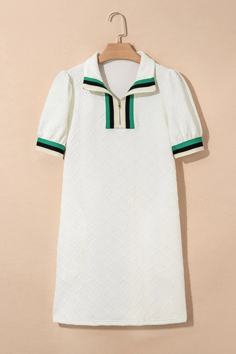 Striped Collared Zip Up Textured Dress