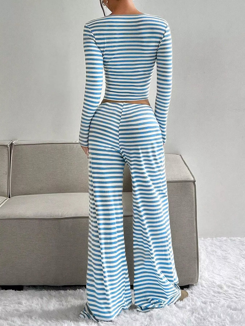 Striped Long Sleeve Crop Top & Wide Leg Pants Set