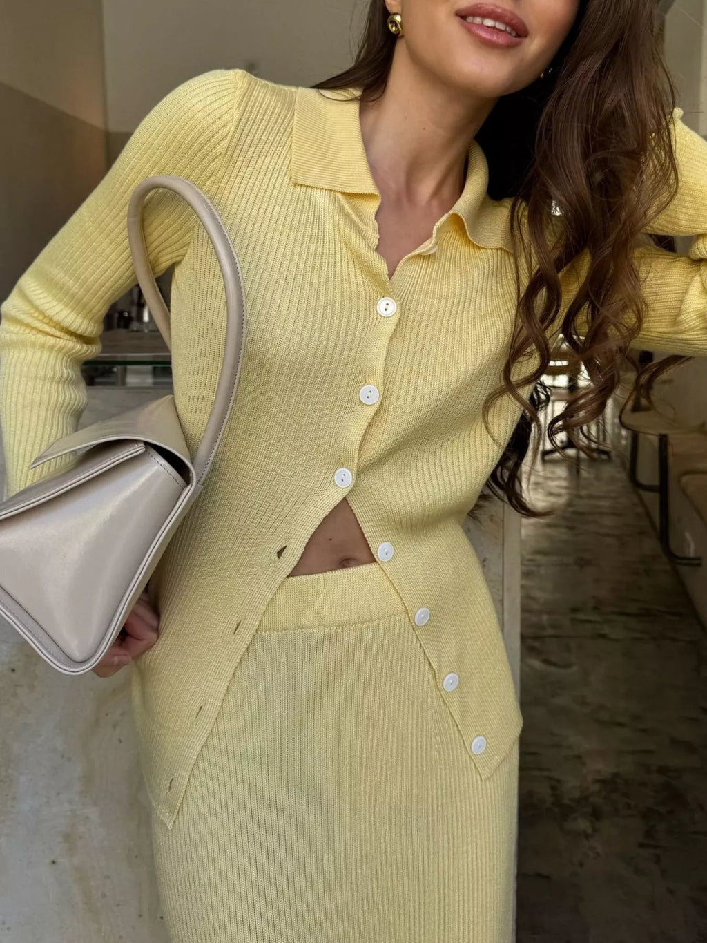 Button Up Knitted Cardigan and Skirt Set