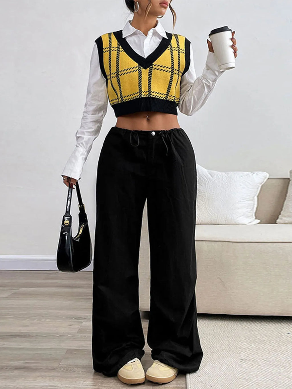 Plaid V-Neck Cropped Sweater Vest
