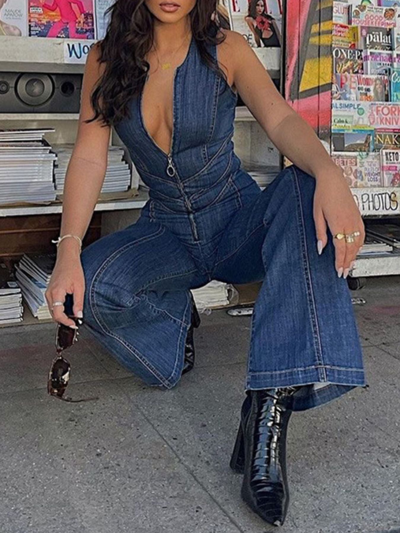 Zip Front Sleeveless Wide Leg Denim Jumpsuit