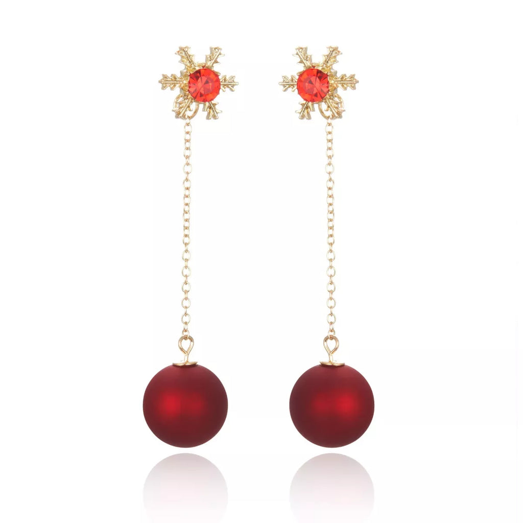 Snowflake Drop Earrings with Red Ball