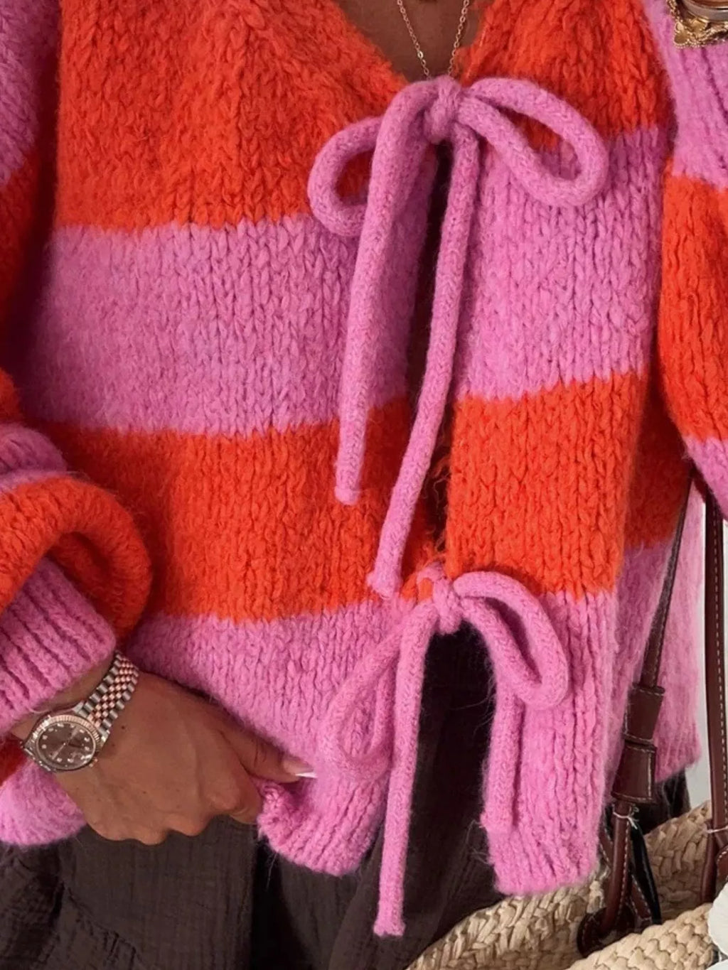 Striped Tie-Front Knit Cardigan