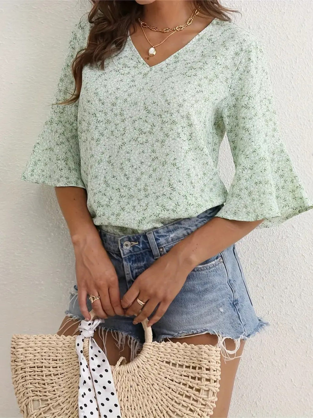 Floral Print V-Neck Bell Sleeve Blouse