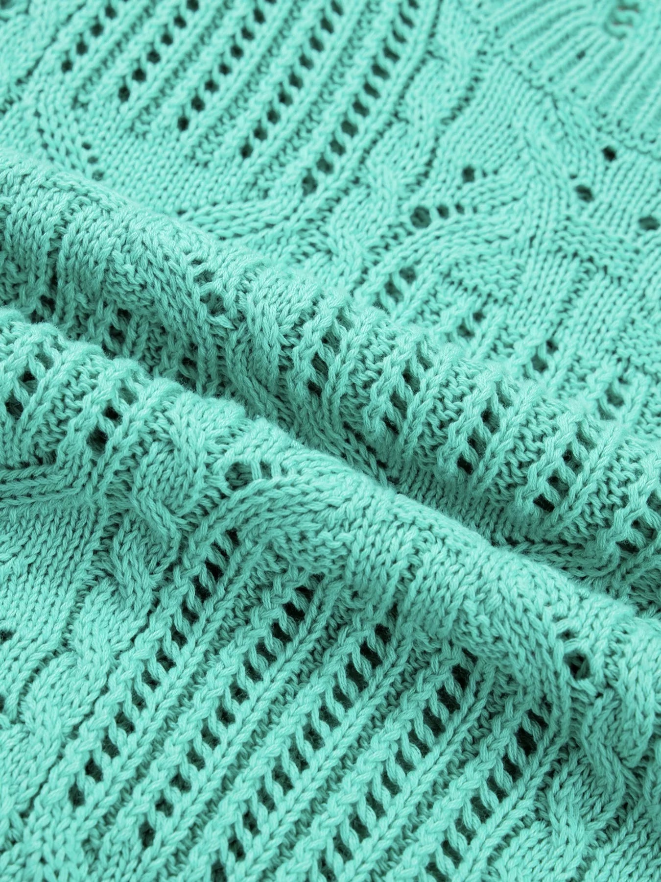 Pointelle Knit Patterned Scalloped Trim Short Sleeve Sweater