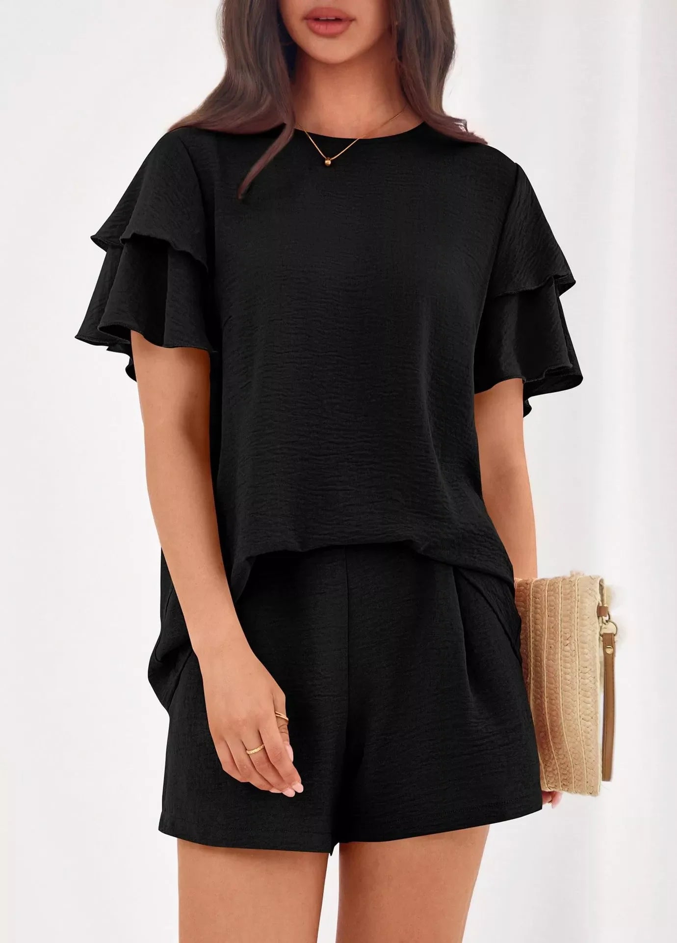 Ruffle Sleeve Top and Shorts Two-Piece Set