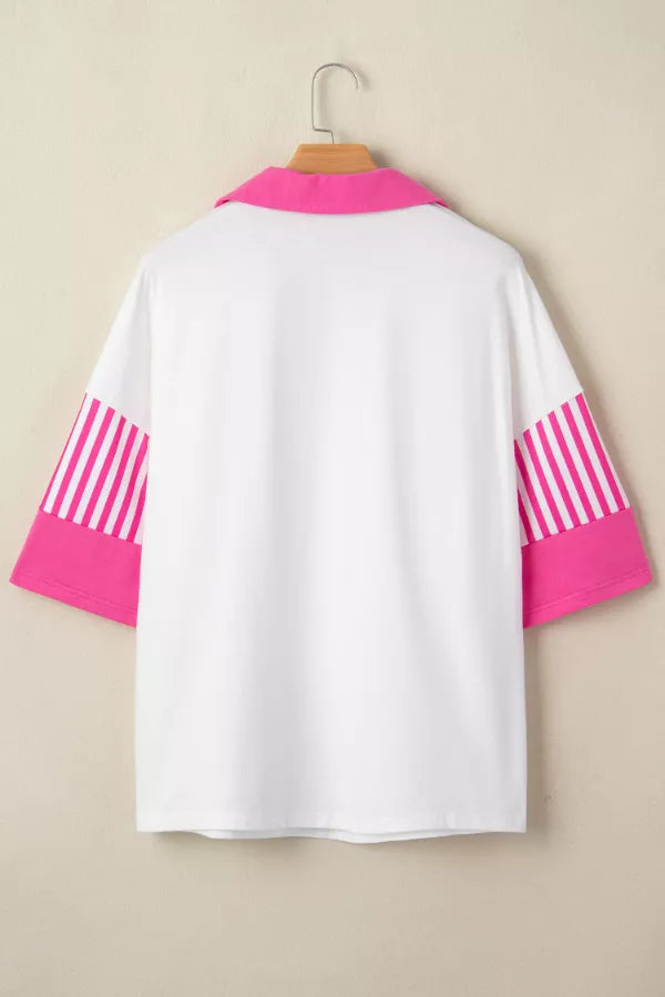 Striped Color Block Patchwork Polo Collar Half Sleeve T Shirt