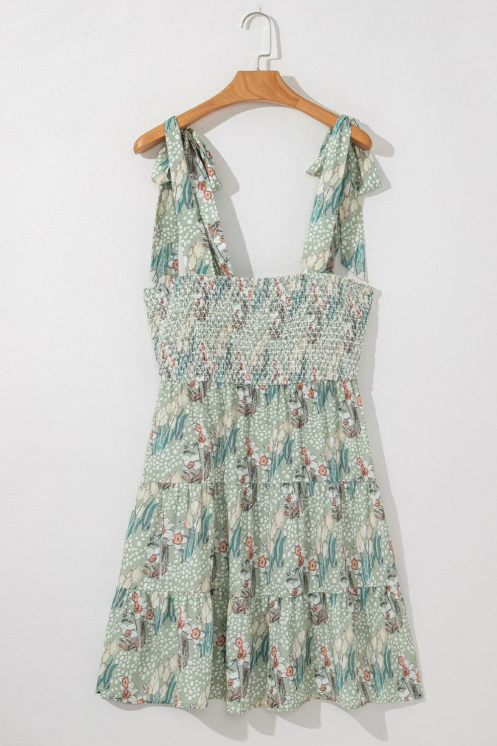 Smocked Printed Tie Shoulder Mini Cami Dress