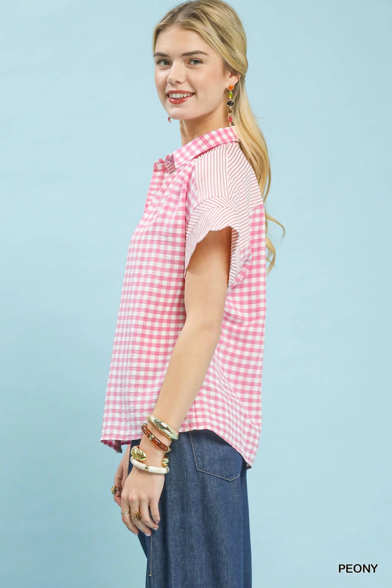 Umgee Mixed Gingham Short Sleeve Shirt