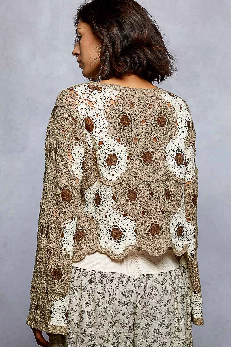 POL Floral Weave Pattern Crochet Cropped Top with Beads Detail