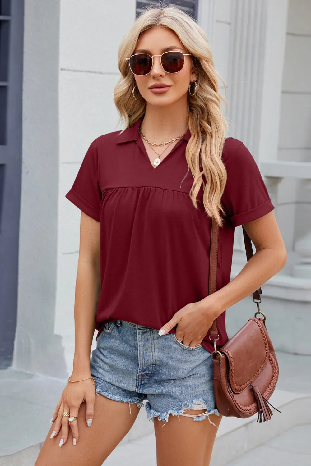 Ruched Johnny Collar Short Sleeve Blouse