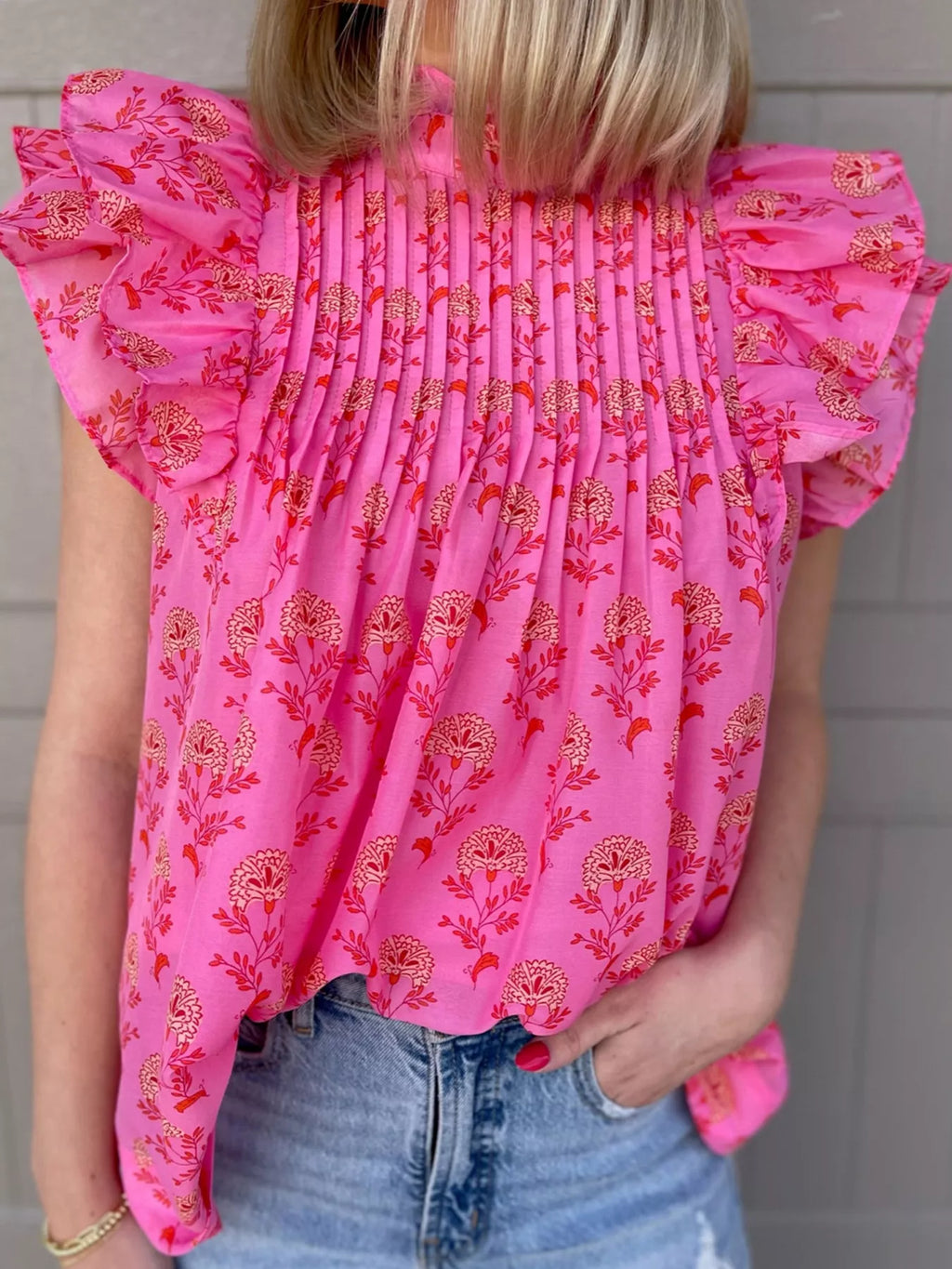 Floral Print Pleated Ruffled Flutter Sleeve Blouse