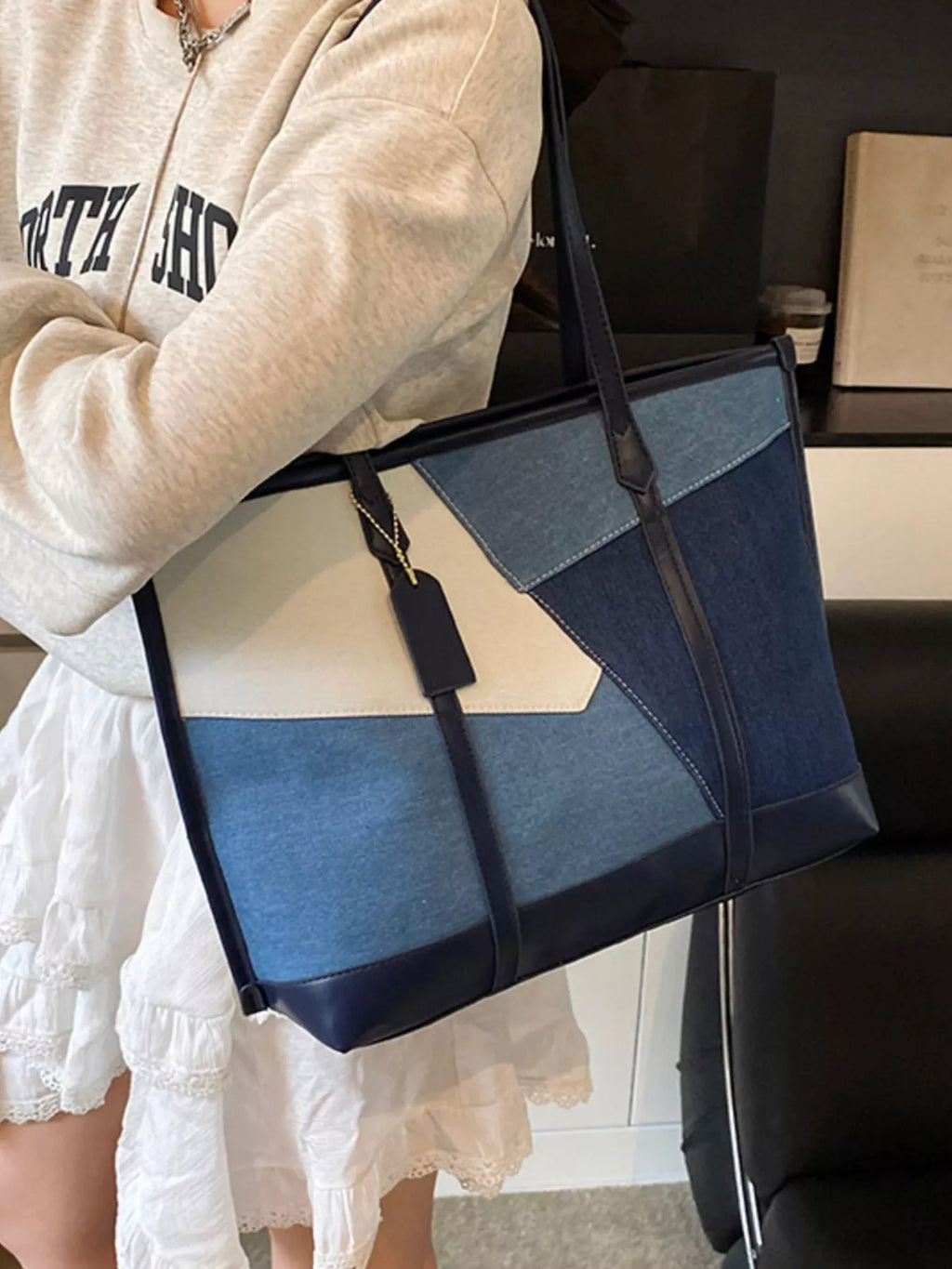 Color Block Denim Shoulder Bag