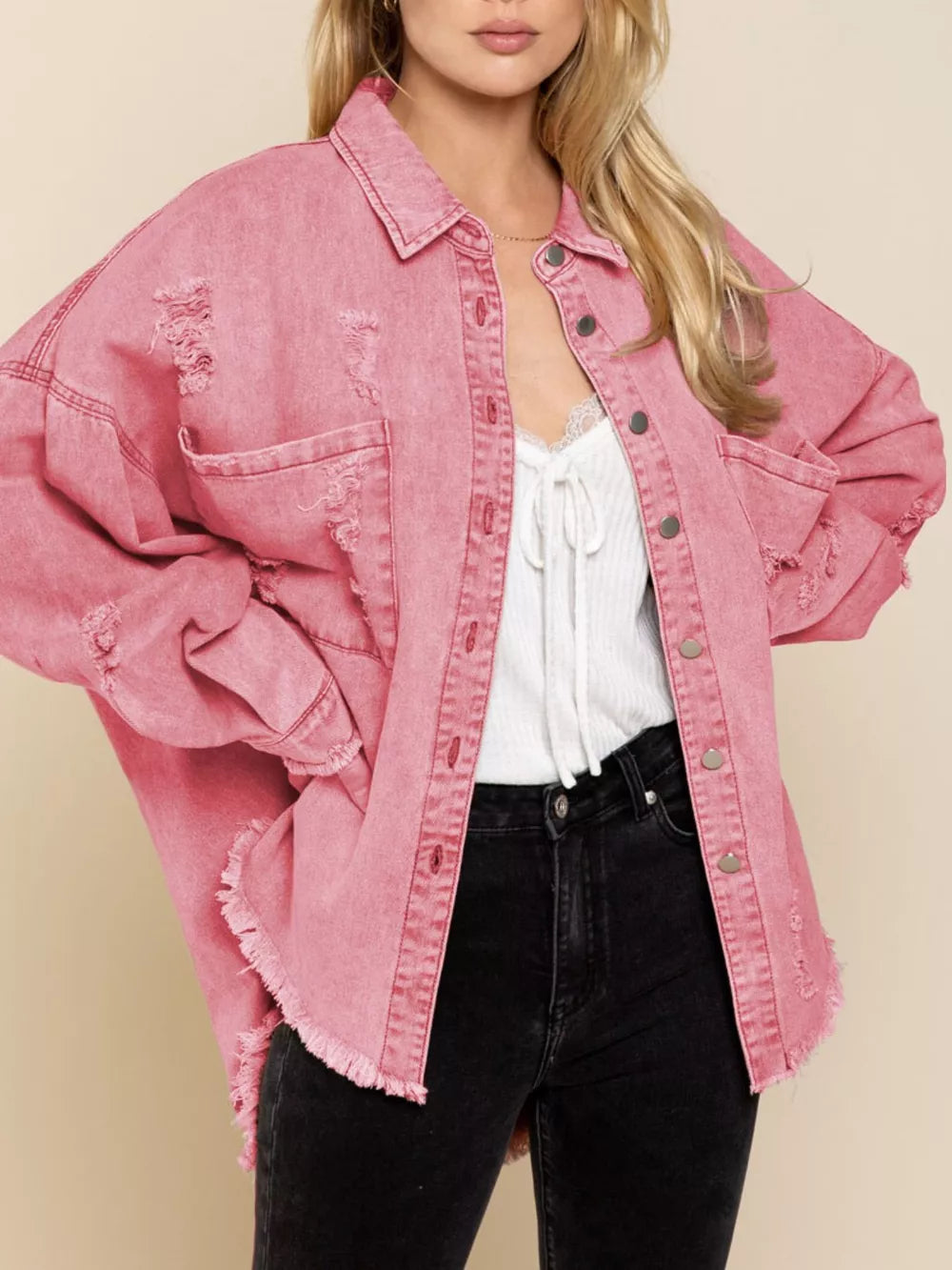 Raw Hem Button Up Denim Shacket